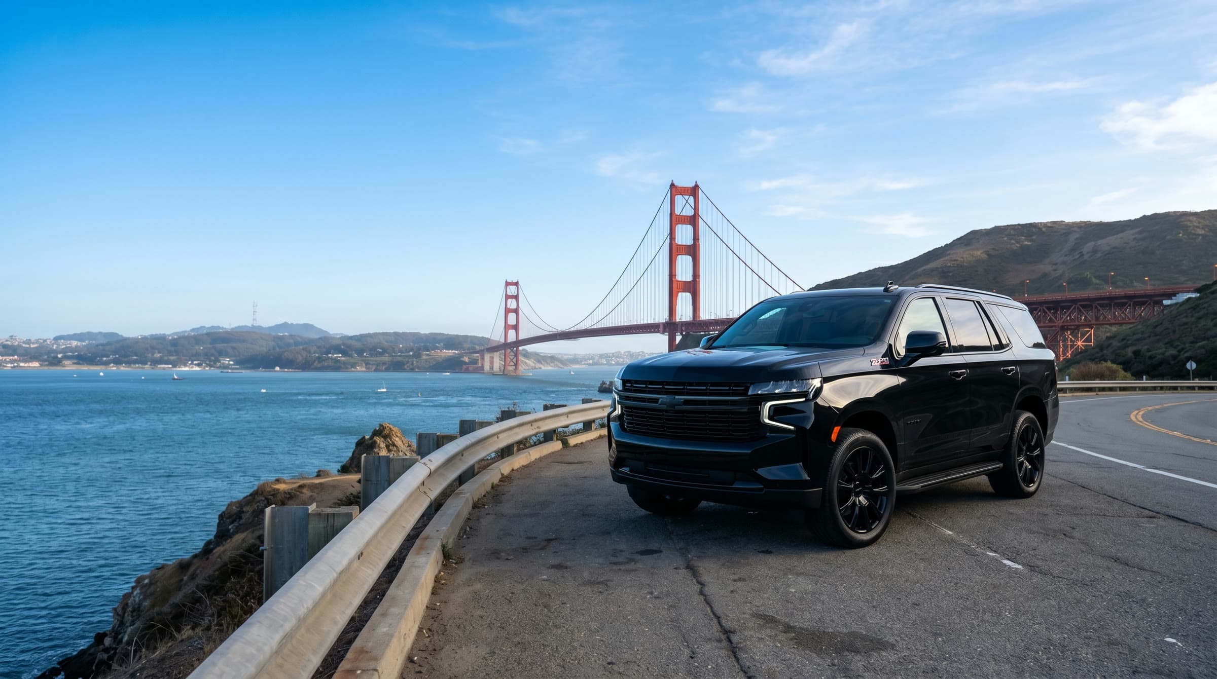 Black Chevrolet Suburban by the Golden Gate Bridge
